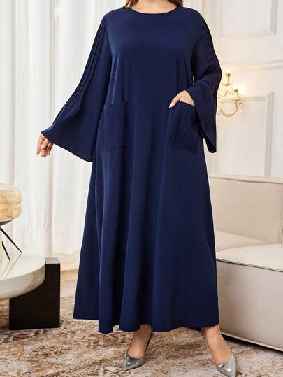 Al Najma Plus Size Women Casual Solid Color Round Neck Long Sleeve Loose Fit Arabic Style Maxi Dress, Spring/Autumn