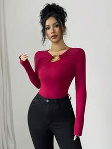 SHEIN Elenzya 优雅褶皱设计金属扣长袖连体衣，休闲日常穿着，适合圣诞节、新年派对、婚礼等场合，时尚红色女士连体衣 - 酒紅色 - 查看 3