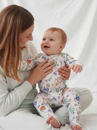 男婴白色底色生日派对主题彩色涂鸦数码印花紧身长袖长款双面拉链连体衣