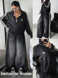 Vibekara Plus Size Autumn/Winter Faux Denim Print Long Sleeve Zip-Up Jacket + Straight Leg Loose Faux Denim Print Pants, Elegant Retro Casual Holiday Sports College 2-Piece Set