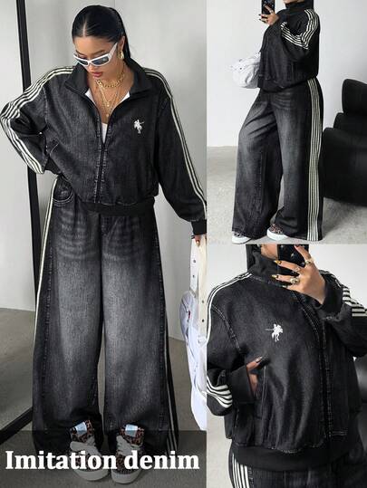 Vibekara Plus Size Autumn/Winter Faux Denim Print Long Sleeve Zip-Up Jacket + Straight Leg Loose Faux Denim Print Pants, Elegant Retro Casual Holiday Sports College 2-Piece Set