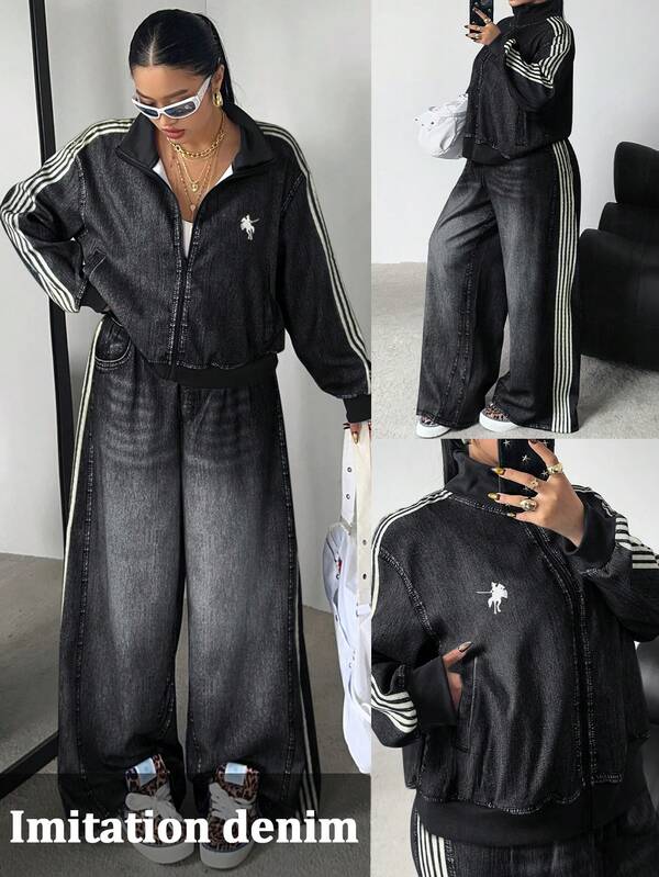 Vibekara 大码秋冬仿牛仔印花长袖拉链外套+直筒宽松仿牛仔印花长裤，优雅复古休闲假日运动学院风两件套