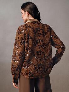 Anewsta 秋冬新款女士丝绒亮片拼接高档咖啡棕色长袖衬衫 - 咖啡棕 - 查看 7