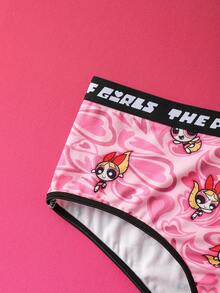 THE POWERPUFF GIRLS X SHEIN Bộ áo ngực và quần lót họa tiết hoạt hình chữ cái co giãn thoải mái cỡ lớn - Hồng - Xem 6
