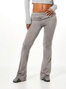 SUMWON WOMEN Side Ruched Flare Lounge Pants Ribbed Knit Comfortable Casual Bottoms High Waisted Wide Leg Trousers - Grey - View 1