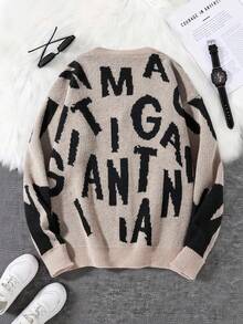 Men's Letter Pattern Long Sleeve Single-Breasted Casual Knit Cardigan, Autumn/Winter - Khaki - View 2