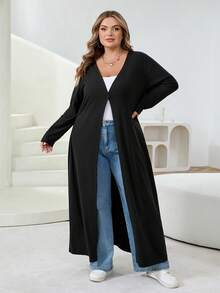 SHEIN CURVE+ 加大码纯色修身纽扣休闲开衫，女式秋季冬季服装 - 黑色 - 查看 4