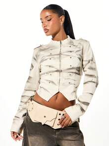 SUMWON WOMEN Cropped Denim Jacket With Studded Details Front Zip Closure Long Sleeve Military Inspired Outerwear Fall Winter Fashion - Grey - View 1