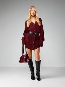 MISSGUIDED 酒红色罗纹针织纽扣长袖V领开衫迷你毛衣裙秋冬款 - 酒紅色 - 查看 4