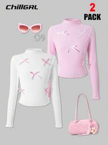 Girls' Ribbed Solid Color With Bow Decor2 Piecese Long Sleeve T-Shirt Set - Multicolor - View 3