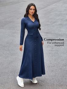 Flexra Women's Lapel NeckLong Sleeve Single-Breasted Casual Denim Dress - Blue - View 3