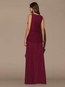 SHEIN BAE Đầm Maxi Không Tay Cổ Tròn, Thắt Lưng Xoắn Màu Đỏ Burgundy Cho Nữ, Đầm Dài Thanh Lịch, Sang Trọng, Thích Hợp Cho Ngày Lễ Tình Nhân, Tiệc Tùng, Hẹn Hò Lãng Mạn, Phù Dâu, Sinh Nhật, Giáng Sinh - Màu Đỏ Sâu - Xem 2