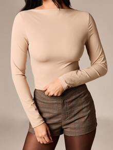 AiiRZ Long Sleeve Boat Neck Top Fall Winter Essential Pullover Fitted Basic Tee Autumn Layering Piece - Grey - View 5