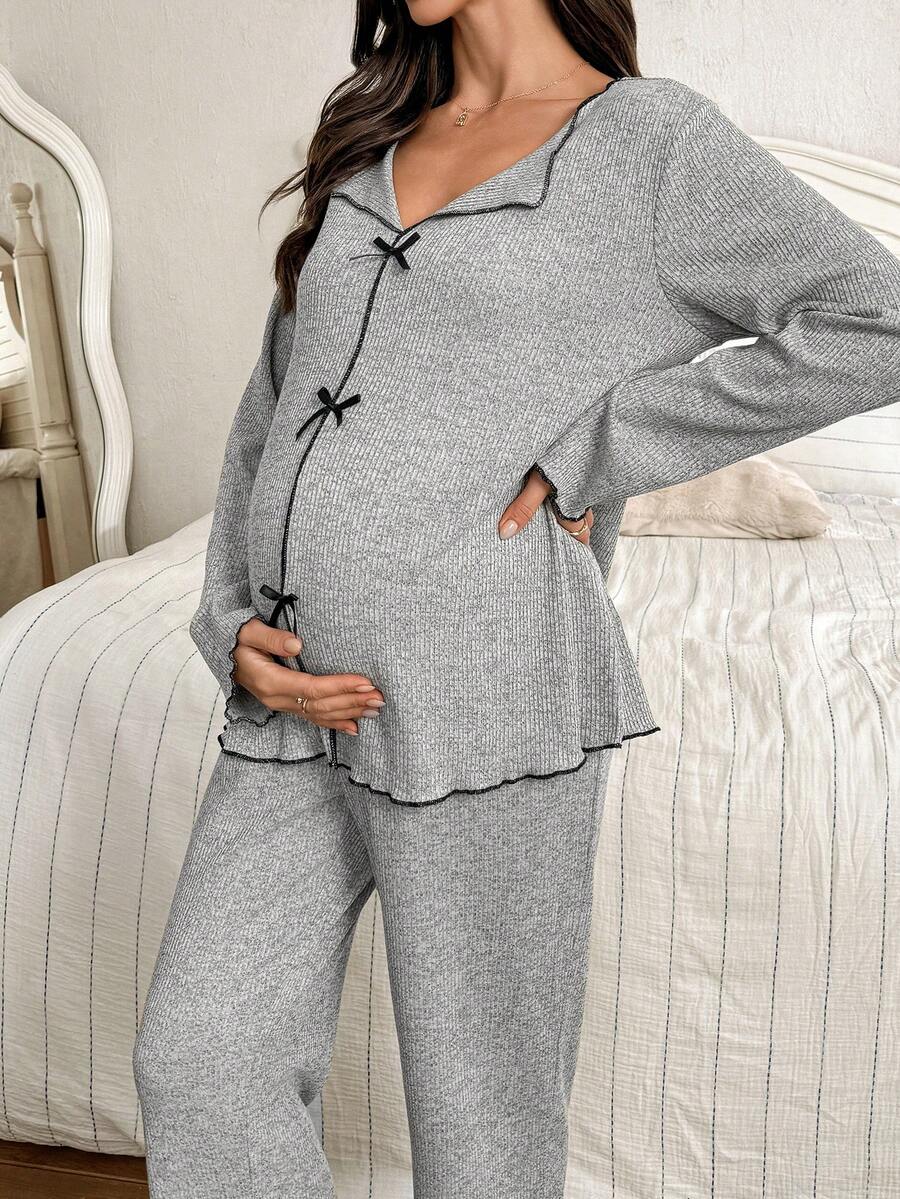 SHEIN 2pcs Maternity Knit Casual Ribbed V-Neck Bow Decor Long Sleeve Top And Pants Loungewear Set Sleep Wear Women 2 Pieces Set Grey Pajama Set Comfy Pajamas Set Women Lounge Wear Sets Long Sleeve Lounge Set, Fall & Winter