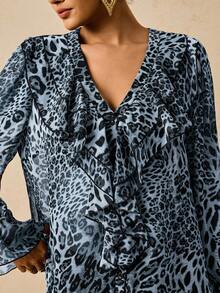Travachic Plus Size Women Chiffon Floral Print Long Sleeve Blouse, Leopard Print Ruffle Hem Shirt - Blue - View 4
