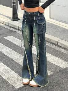 Jeanoix Women's Casual Flared Jeans With Side Cargo Pockets - Dark Wash - View 3