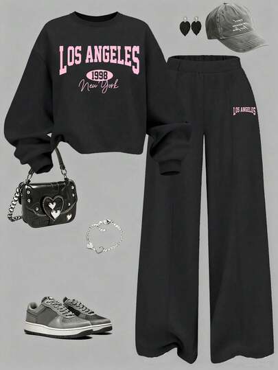 Sparklyn 舒适少女时尚趣味简约数字字母印花保暖套装，圆领短款卫衣搭配直筒/阔腿裤