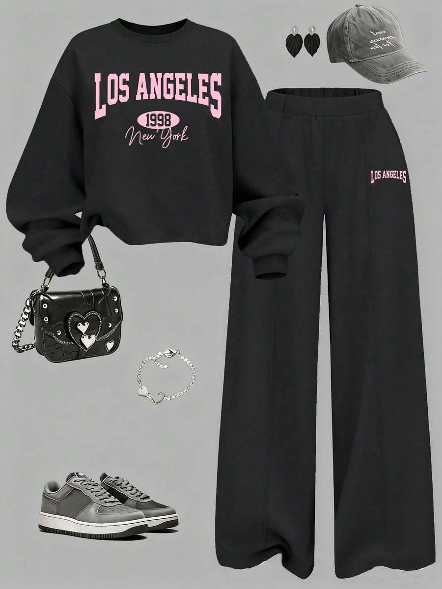 Sparklyn 舒适少女时尚趣味简约数字字母印花保暖套装，圆领短款卫衣搭配直筒/阔腿裤 - 黑色 - 查看 1