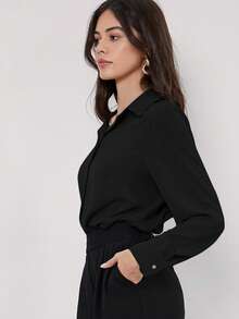 BizChic 女士纯色翻领长袖垂褶衬衫，现代优雅都市通勤日常浪漫90年代复古风，适合圣诞节、新年、情人节、派对、海滩、毕业典礼、时尚、节日、假日、婚礼宾客、早午餐、机场等多种场合。 - 黑色 - 查看 8