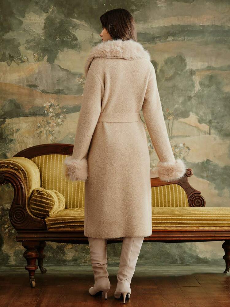 Elegante Casaco de Inverno Feminino com Gola de Pele e Punhos de Pele, Casaco de Malha Casual Oversized, Jaqueta Longa na Cor Café, Adequado para Outono, Inverno, Ano Novo, Festa, Casamento, Elegante, Chique, Estiloso, Natal, Festival, Ação de Graças