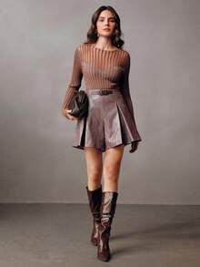 Anewsta Women's Retro Flared A-Line PU Leather Shorts, Flattering Fit, Light Purple - Dusty Purple - View 6