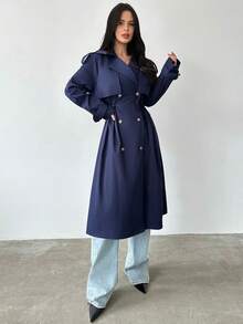 Firerie Women's Elegant Minimalist Casual Commute Daily Street Fashion Urban Chic New Double-Breasted Cinched Waist Elastic Navy Blue Mid-Length Trench Coat, Autumn/Winter - Navy Blue - View 4
