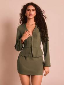 SHEIN Glamour 女士优雅性感办公室女士深 V 领长袖上衣、迷你裙、套装，适合职业女性装、商务装、秋冬分层穿着 - 軍綠色 - 查看 5