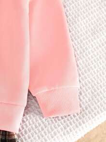 SHEIN Playful Pals 女婴休闲长袖卫衣，格子裙摆拼接设计，罗纹圆领连衣裙，适合外出、休闲穿着、度假，粉色拼接格子连衣裙，学院风连衣裙