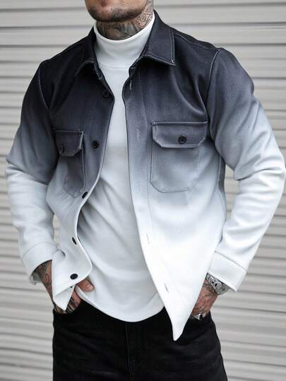 Manfinity CasualCool Abrigo informal con solapa y bolsillo en degradado para hombre, chaqueta de otoño/invierno, camisa con bloques de color, camisa de calle, chaqueta de talla grande, ideal para el día a día, escapadas de fin de semana, actividades al aire libre, viajes, entornos laborales relajados o ocasiones semiformales, ideal como regalo para novio/marido o aniversario.