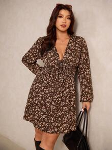 Elaquor 大码优雅碎花休闲连衣裙 - 咖啡棕 - 查看 6