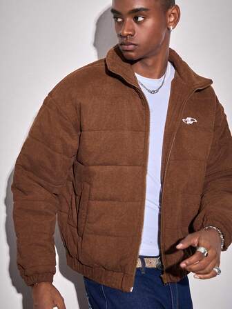 Street Life Chaqueta casual de invierno con cremallera y bordado de letras en pana para hombres