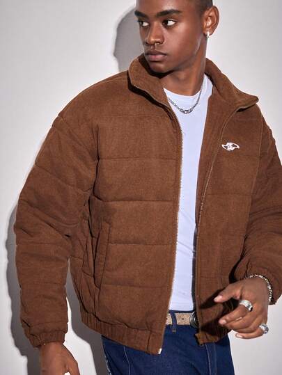 Street Life Men's Letter Embroidered Corduroy Zip-Up Casual Winter Jacket