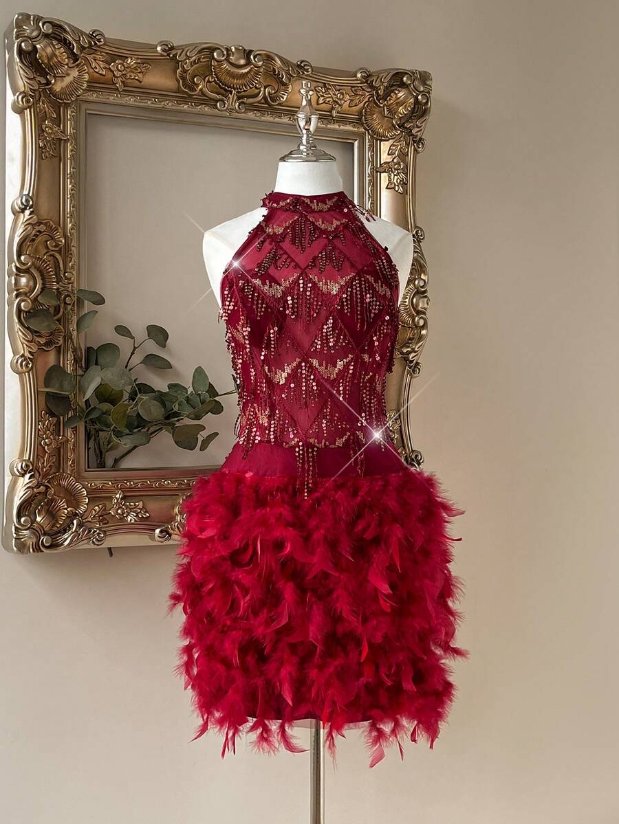 Lovelzi 優雅正式 1920 年代復古黑紅配色 珠飾刺繡 菱形羽毛裝飾露背雞尾酒禮服 排練晚餐舞會婚禮賓客夏季洋裝 - 酒紅色 - 查看 1