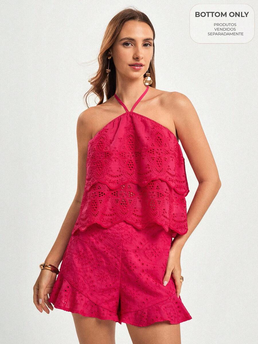 CAJUNI Quần short thường ngày màu hồng fuchsia thêu viền nhún bèo phong cách Bohemian dành cho nữ, mùa hè - Màu Hồng Tươi - Xem 1