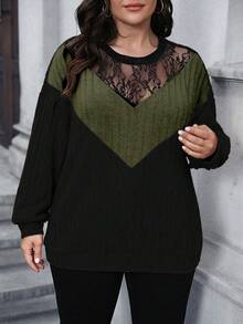 Calvaya Plus Size Autumn Fashion Color Block Contrast Lace Sweatshirt - Multicolor - View 4