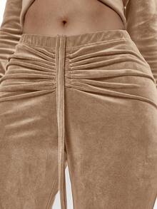 MUSERA Quần ống loe ôm sát, cạp thấp, chất liệu nhung, có dây rút, xếp ly phía trước, chỉ bán phần dưới, thích hợp để đi chơi đêm, phong cách đường phố dễ thương, quần casual mùa hè. - màu nâu - Xem 6