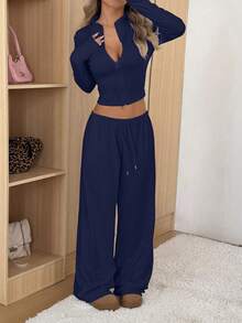 SHEIN EZwear 女士修身夹克和裤子休闲套装 - 藏蓝色 - 查看 5