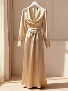 Chiquease 女士优雅通勤缎面领长袖衬衫裙，收腰修身剪裁，缎面面料，舒适顺滑，光泽亮丽，适合日常、正式场合、派对、度假和商务穿着，香槟色，秋冬款 - 杏色 - 查看 7