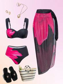 Swim Oasis Bộ bikini in họa tiết nâng ngực gợi cảm dành cho nữ + Chân váy lưới in họa tiết đồng bộ, Xuân/Hè - Nhiều màu - Xem 1