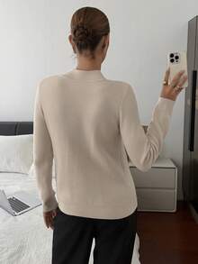 Livesso Women's Loose Business Casual Half-Zip Collar Knit Sweater, Outdoor Street Style, Solid Color, Autumn/Winter - Beige - View 3
