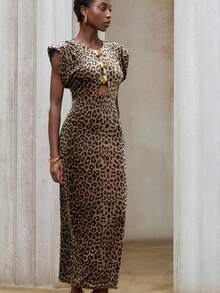 Aveloria Modichic Sexy Hollow Metal Buckle Waist Exaggerated Shoulder Leopard Print Velvet Dress For Women, European And American Style