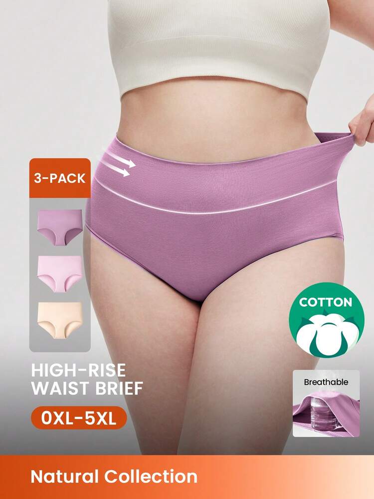 Plus 3-Pack Cotton High Waist Briefs Women Underwear Panties Set--Black