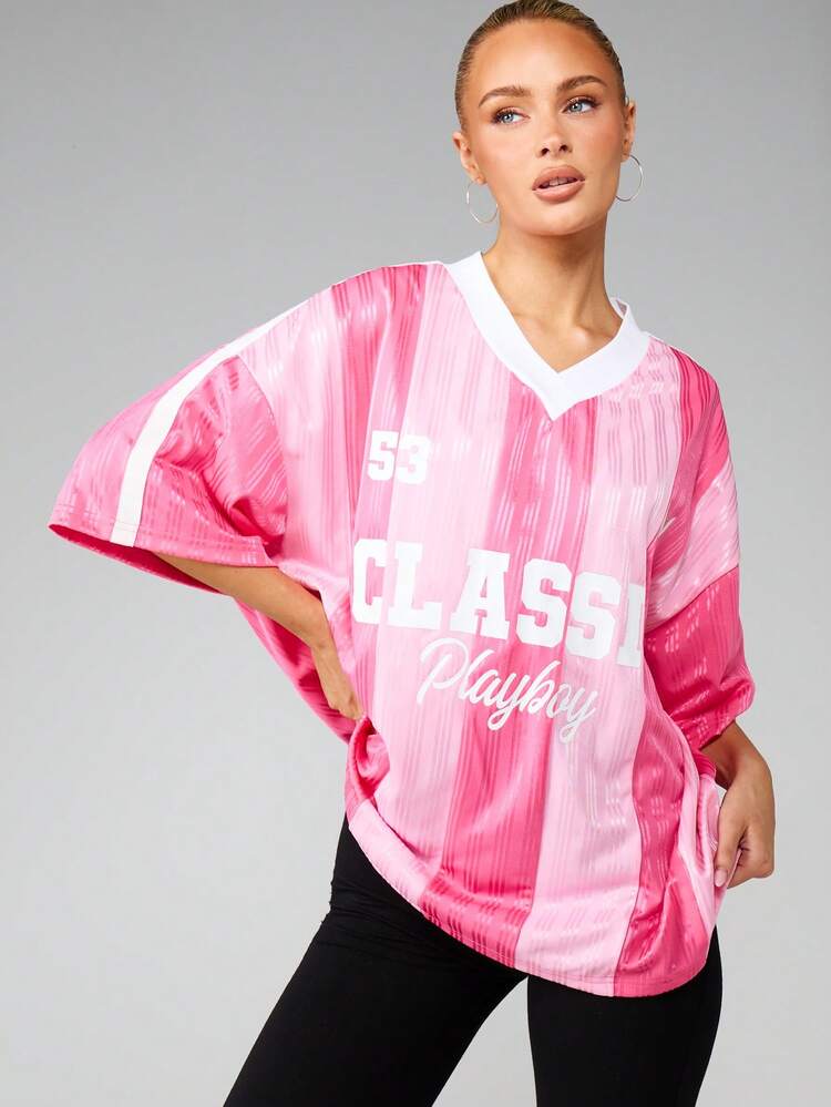 Missguided x Playboy V Neck Tie Dye Football Jersey Top With Number Print Short Sleeve Oversized Classic Tee For Spring Summer Casual