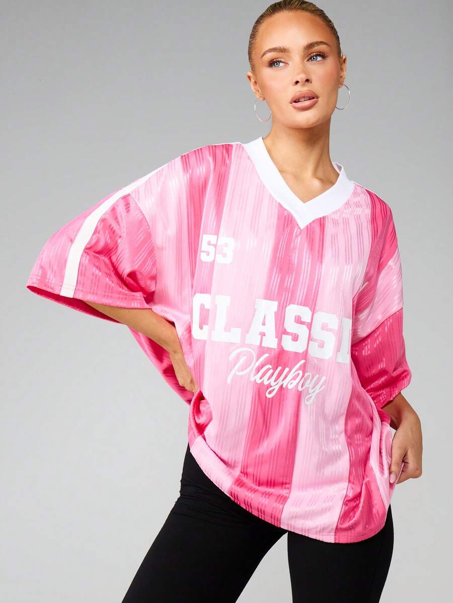 Missguided x Playboy V Neck Tie Dye Football Jersey Top With Number Print Short Sleeve Oversized Classic Tee For Spring Summer Casual - Multicolor - View 1