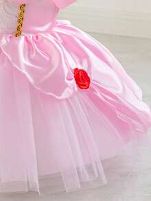 Glamorique Kids 女婴公主薄纱连衣裙，紫红色网纱派对礼服，生日派对，舞会礼服，红色宝石点缀，派对服饰，3D红色玫瑰装饰，优雅正式礼服，中东和欧洲风格 - 粉色 - 查看 5