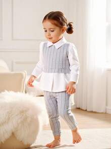 SHEIN 女婴时尚罗纹拼接长袖翻领衬衫和粉色罗纹裤套装