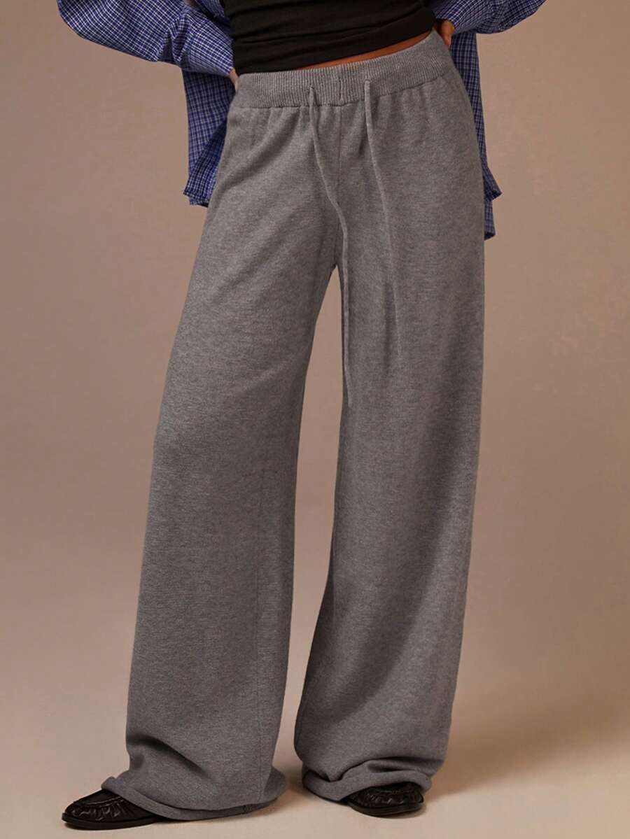 Athîral Women's Gray Wide Leg Knit Pants, High Waist Lounge Trousers Casual Soft Elastic Waistband Relaxed Fit Sweatpants, Wide Leg Sweatpants, Sweat Pants For Woman, Gray Sweatpants, Grey Pants, Lounge Pants - Grey - View 1