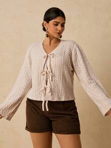 SHEIN VCAY Plus Size Women Solid Color Long Sleeve Front Tie Hollow Out Casual Knit Cardigan/Winter - Beige - View 3