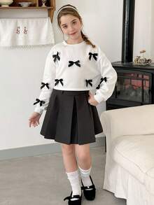 LMoss Kids LMoss 少女纯色圆领 3D 蝴蝶结休闲卫衣，舒适秋冬款式，套头衫 - 白色 - 查看 6