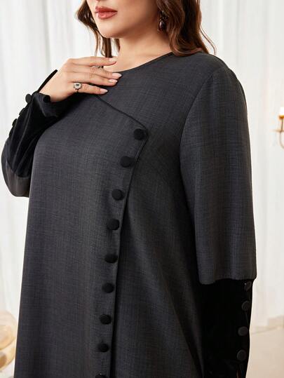 Al Najma Plus Size Women Arabic Style Casual Round Neck Long Sleeve Button Decor Loose Fit Maxi Dress, Spring/Autumn